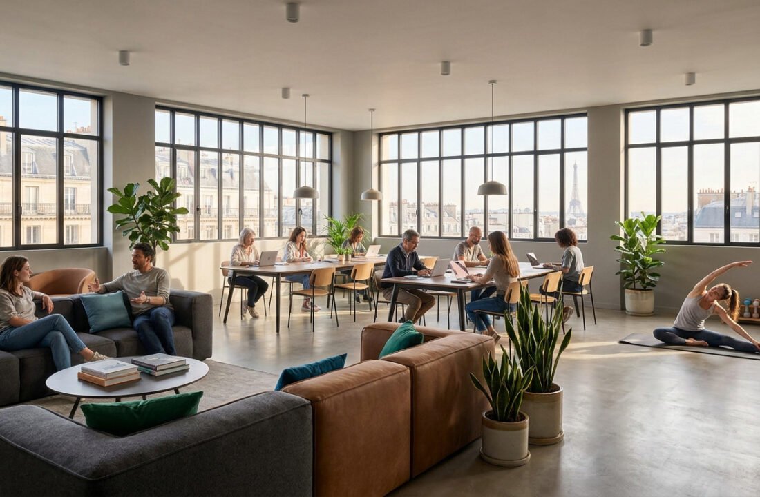 Vue d'un espace de coliving spacieux avec des personnes travaillant, discutant et faisant du yoga devant la tour Eiffel.