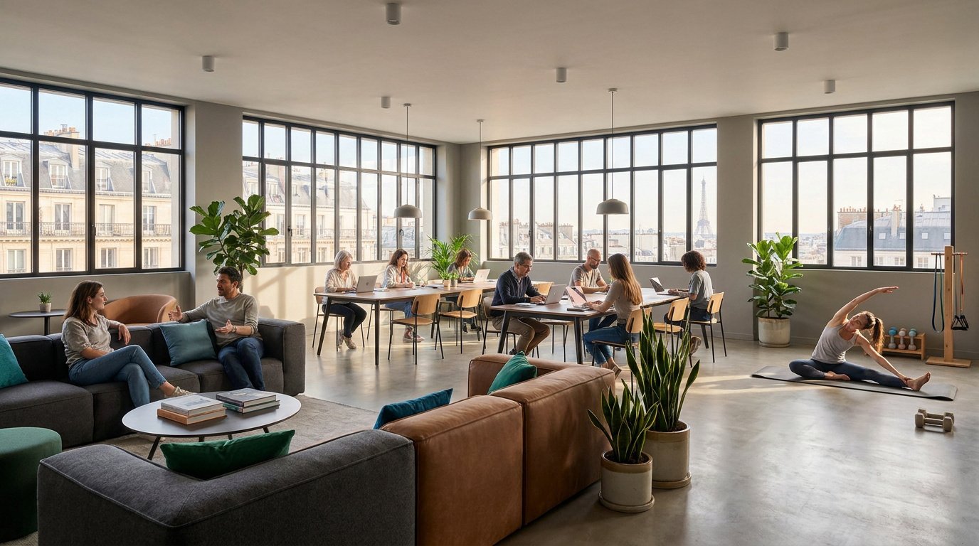 Vue d'un espace de coliving spacieux avec des personnes travaillant, discutant et faisant du yoga devant la tour Eiffel.
