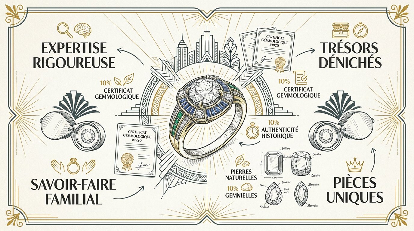 Infographie détaillant l'expertise joaillière et les caractéristiques des bijoux Art Déco