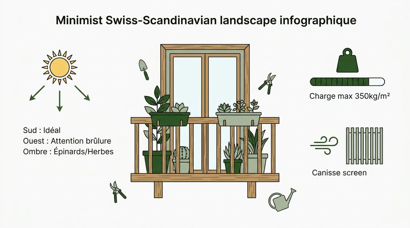 Infographie sur l'exposition solaire et la charge maximale pour un potager sur balcon