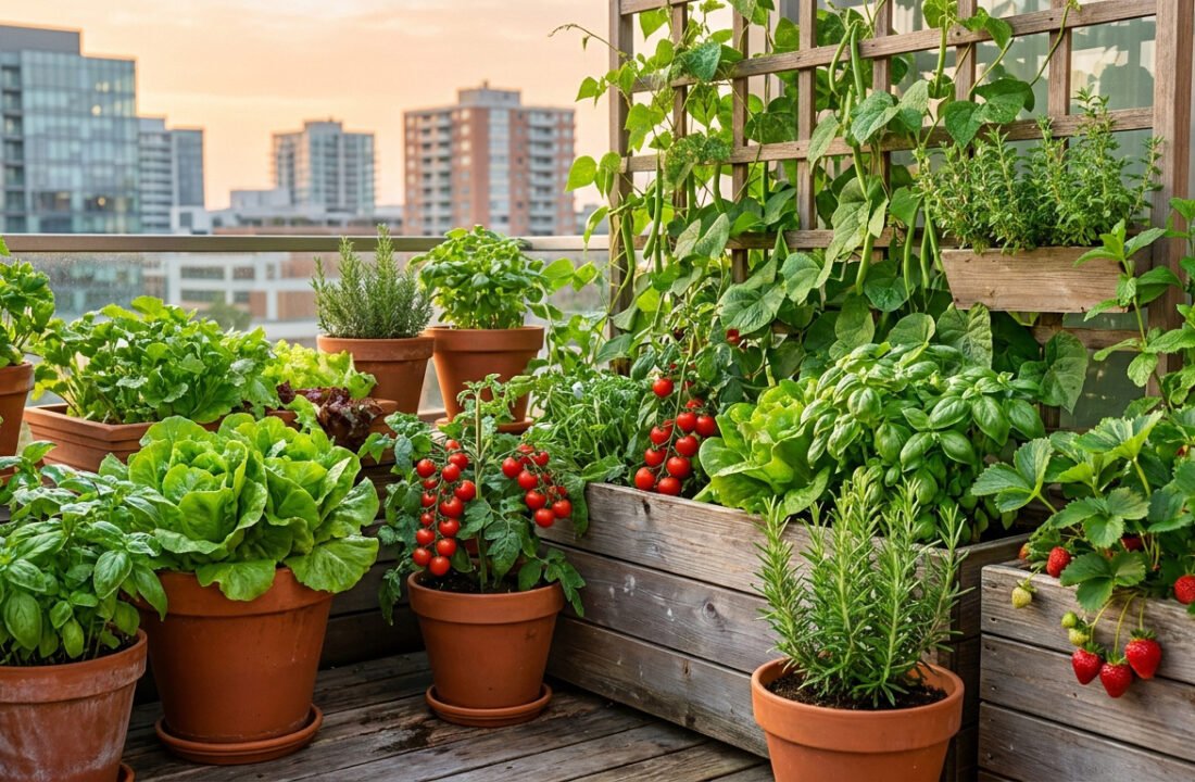 Potager luxuriant sur un balcon urbain avec des tomates cerises, des herbes, de la salade et des fraises en pots.