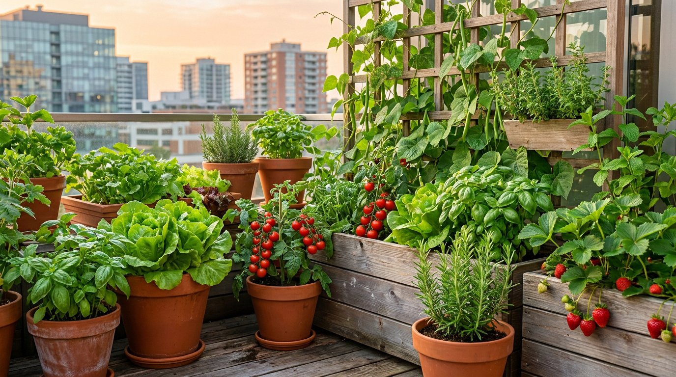 Potager luxuriant sur un balcon urbain avec des tomates cerises, des herbes, de la salade et des fraises en pots.