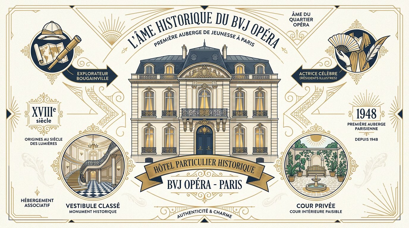 Façade historique de l'auberge de jeunesse BVJ Paris Opéra Montmartre dans un ancien hôtel particulier