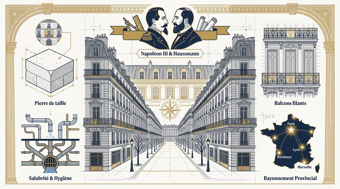 Immeuble typique du style haussmannien avec façades en pierre de taille et balcons filants