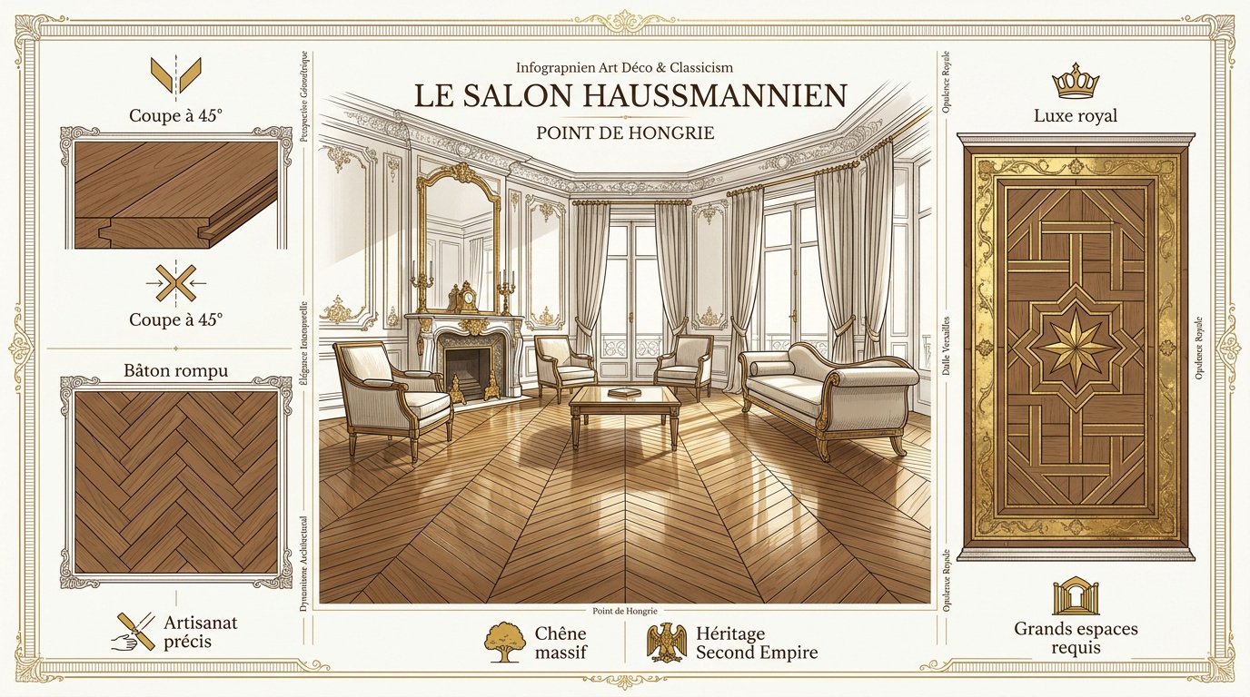 Salon parisien avec parquet haussmannien en point de Hongrie et moulures