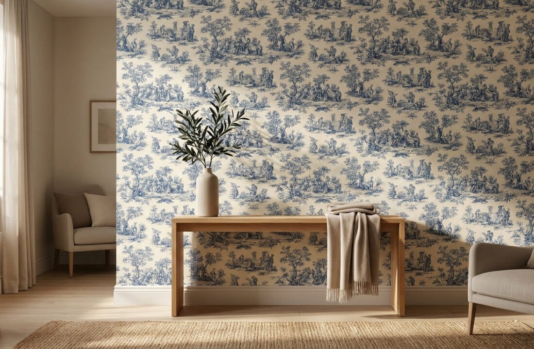 Mur décoré d'un papier peint bleu et blanc style toile de Jouy avec une console en bois et des fauteuils.
