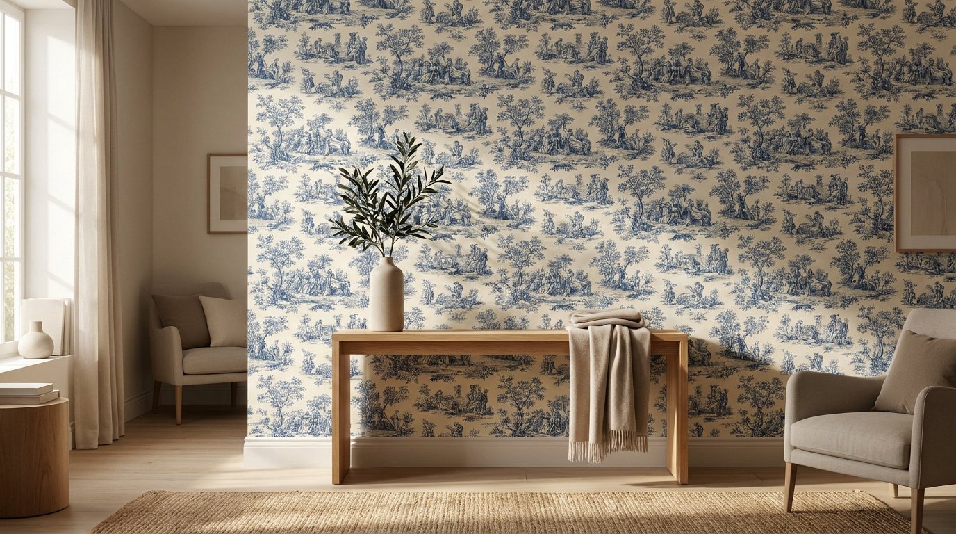 Mur décoré d'un papier peint bleu et blanc style toile de Jouy avec une console en bois et des fauteuils.