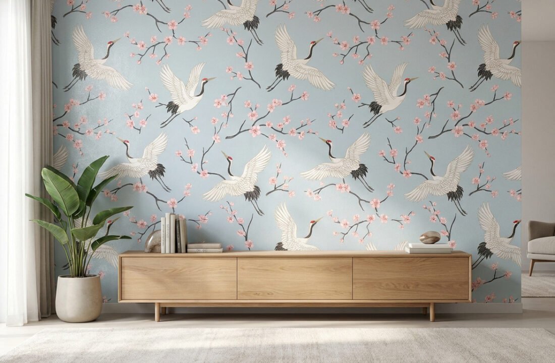 Mur décoré d'un papier peint bleu pastel avec des grues blanches en vol et des branches de cerisiers en fleurs.