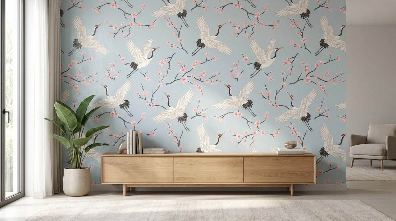 Mur décoré d'un papier peint bleu pastel avec des grues blanches en vol et des branches de cerisiers en fleurs.