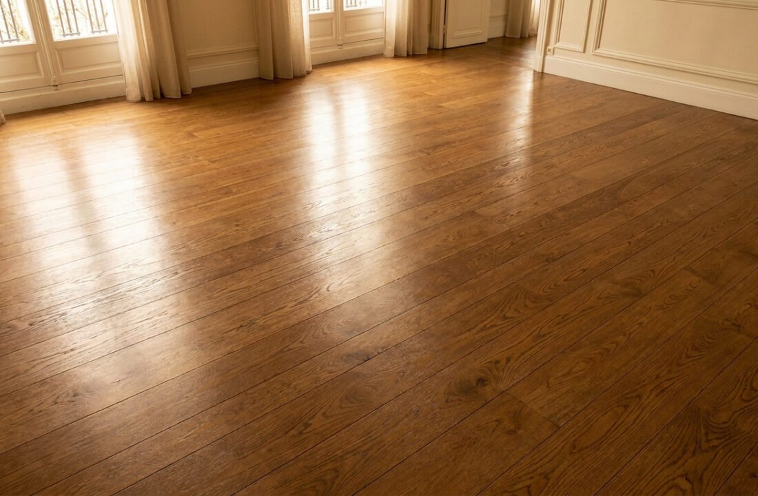 Parquet en bois de chêne brillant dans une pièce lumineuse avec des moulures et des fenêtres classiques.