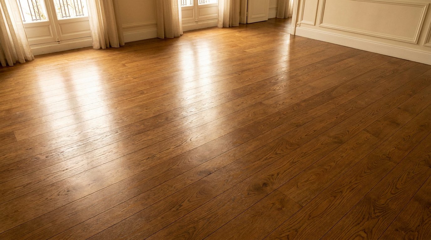 Parquet en bois de chêne brillant dans une pièce lumineuse avec des moulures et des fenêtres classiques.