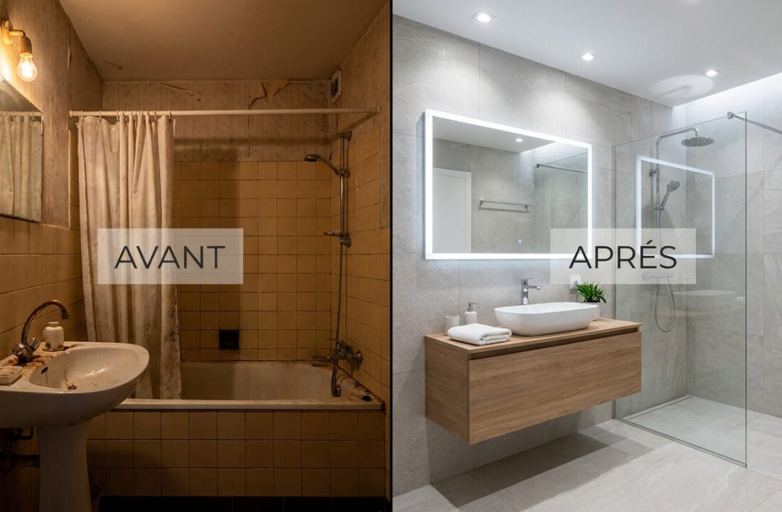Comparaison avant-après d'une salle de bain : vieille baignoire jaunie contre une douche moderne et lumineuse.