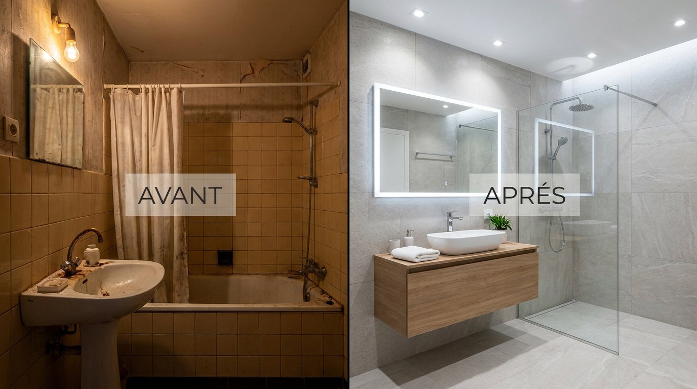 Comparaison avant-après d'une salle de bain : vieille baignoire jaunie contre une douche moderne et lumineuse.