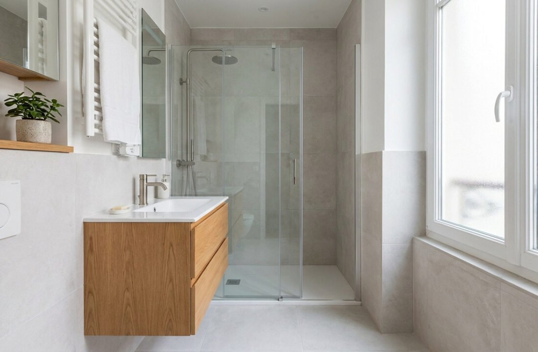 Salle de bain lumineuse avec meuble en bois clair, douche à l'italienne et carrelage gris.