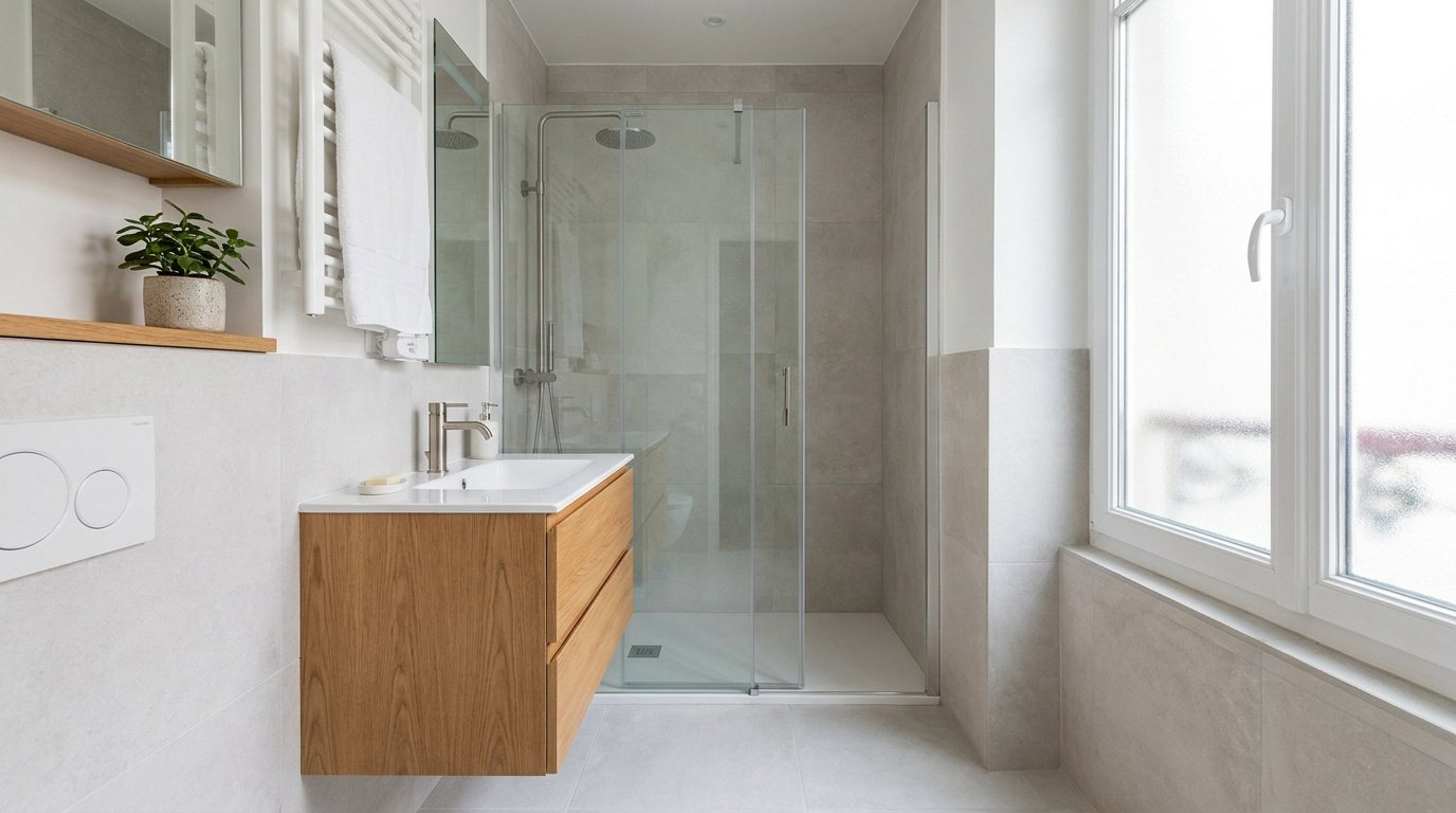Salle de bain lumineuse avec meuble en bois clair, douche à l'italienne et carrelage gris.