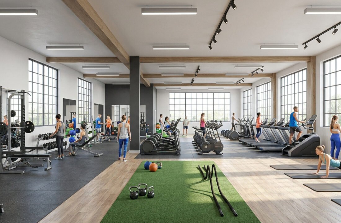 Intérieur moderne d'une salle de sport spacieuse et lumineuse avec équipements de fitness et zone de training.