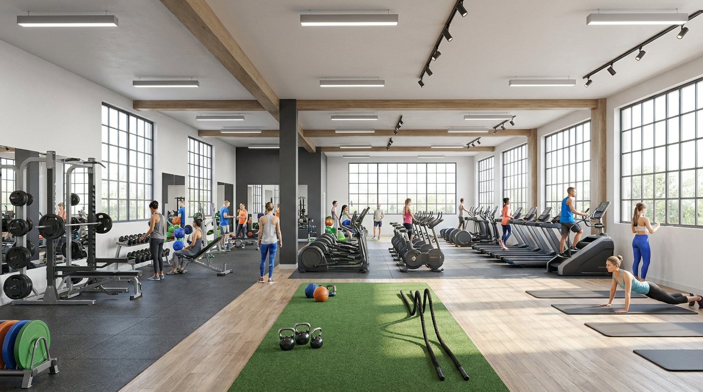 Intérieur moderne d'une salle de sport spacieuse et lumineuse avec équipements de fitness et zone de training.