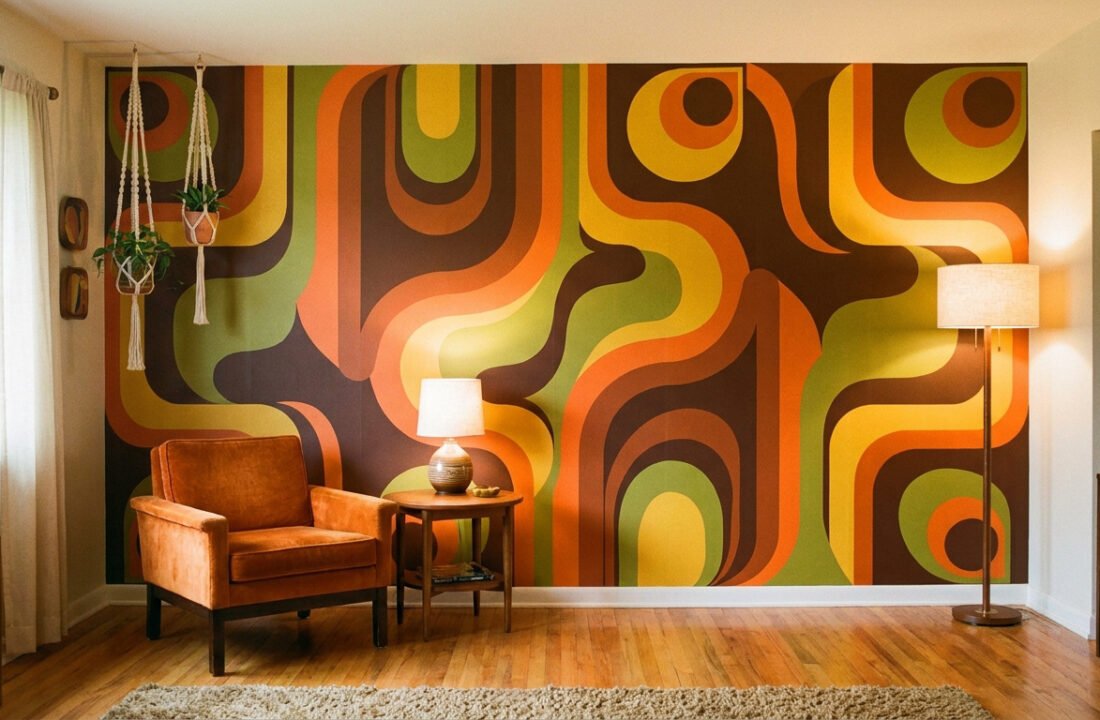 Un salon décoré d'un mur avec un papier peint aux motifs géométriques ondulés typiques des années 70 en tons orange et vert.
