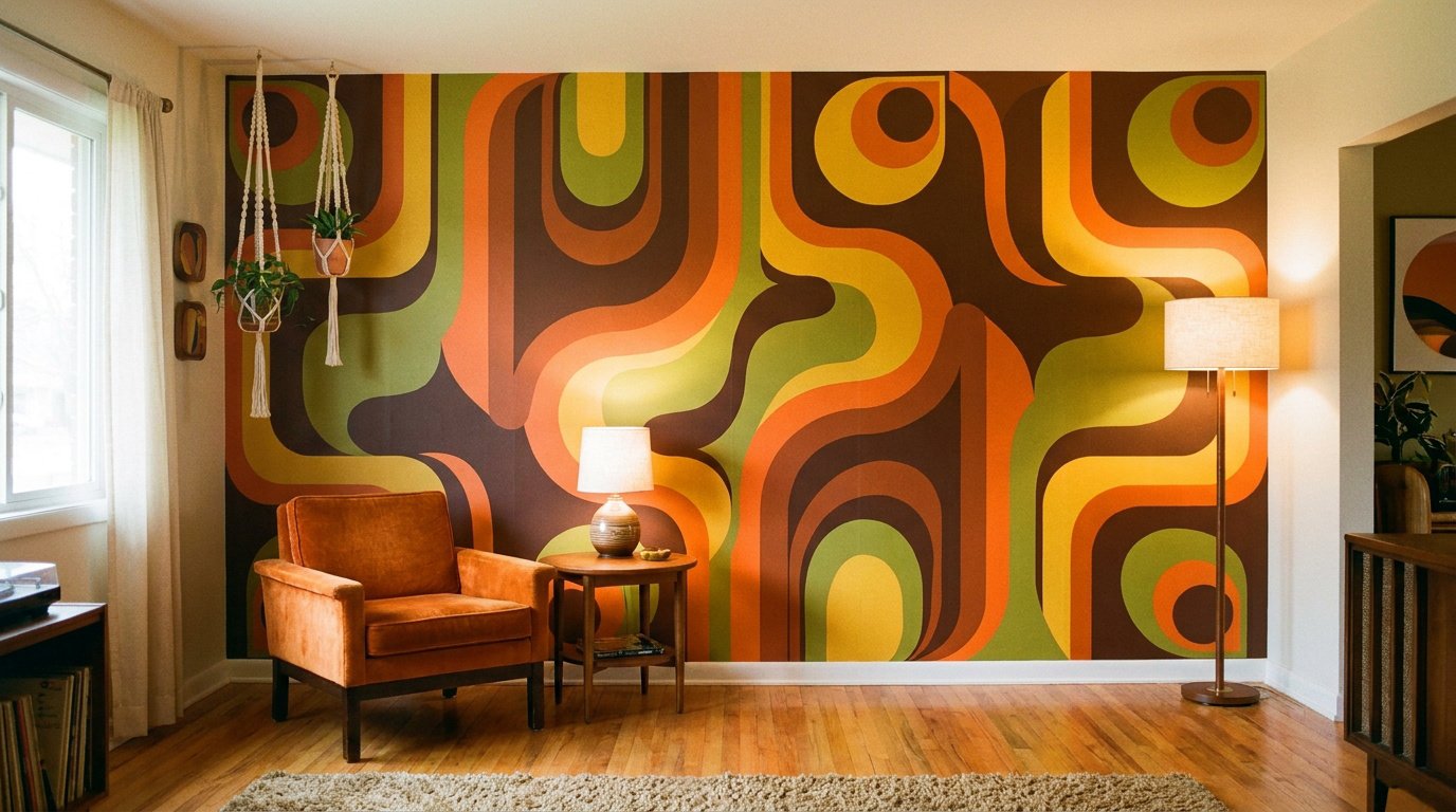 Un salon décoré d'un mur avec un papier peint aux motifs géométriques ondulés typiques des années 70 en tons orange et vert.