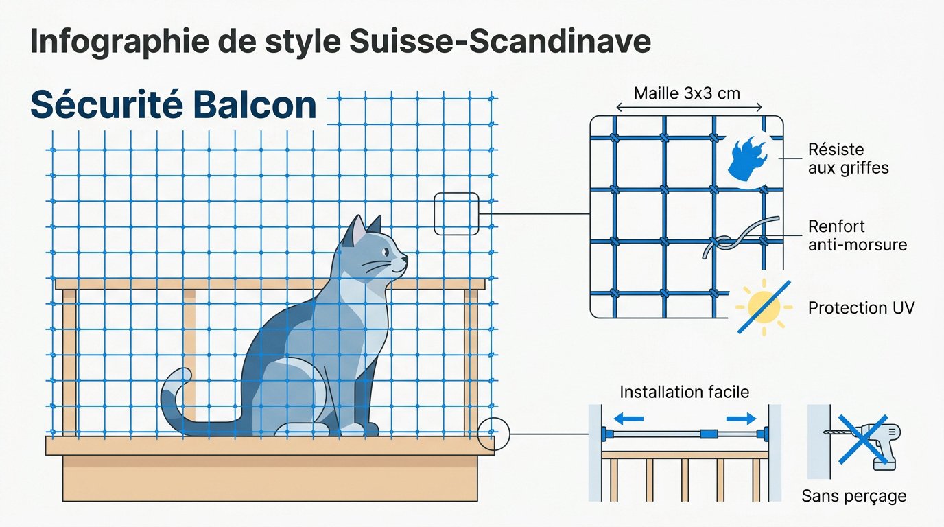 Filet de protection noir installé sur un balcon pour sécuriser un chat