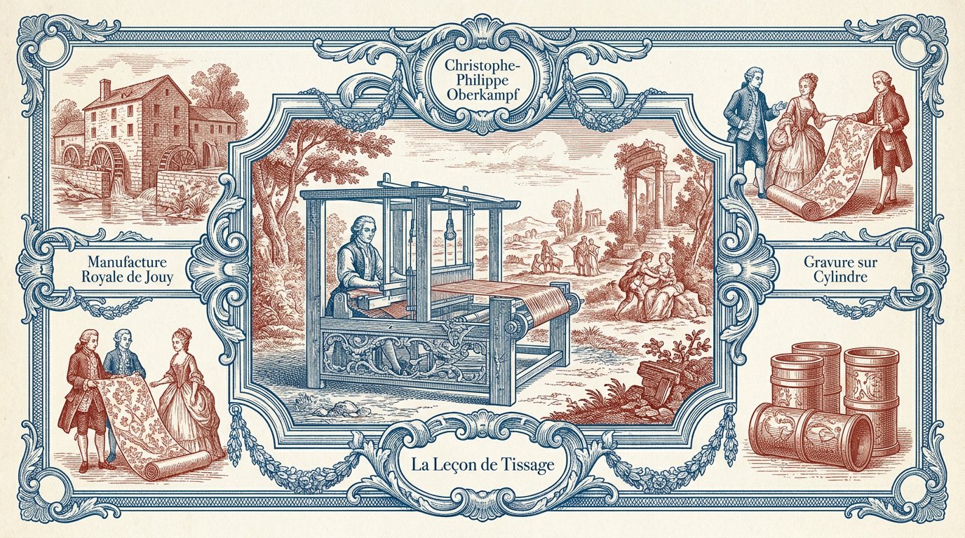 Détail d'un papier peint toile de Jouy aux motifs champêtres bleus sur fond blanc