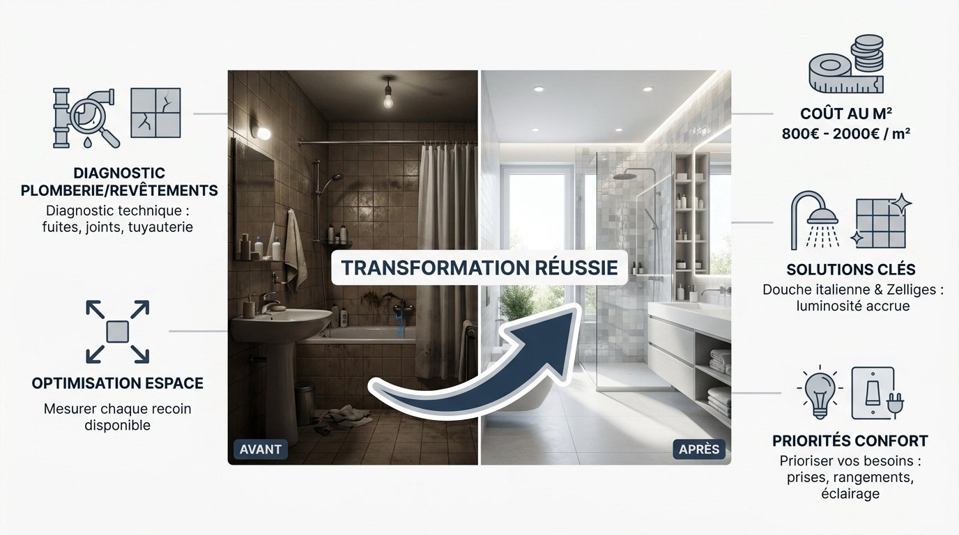Exemple de transformation de salle de bain avant après avec douche à l'italienne et carrelage moderne